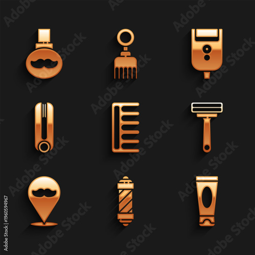 Set Hairbrush, Classic Barber shop pole, Cream or lotion cosmetic tube, Shaving razor, Barbershop, Curling iron for hair, Electric blade men and Beard and mustaches care oil bottle icon. Vector