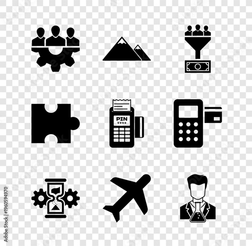Set Project team base, Mountains, Lead management, Hourglass and gear, Plane and Scientist test tube icon. Vector
