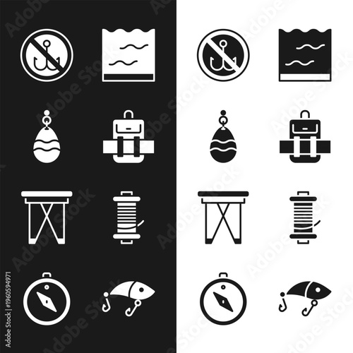 Set Hiking backpack, Fishing spoon, No fishing, Aquarium, Folding chair, Spinning reel for, lure and Compass icon. Vector