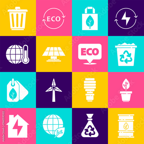 Set Bio fuel barrel, Plant in pot, Recycle bin with recycle, Shopping bag, Solar energy panel, Global warming, Trash can and Label for eco healthy food icon. Vector
