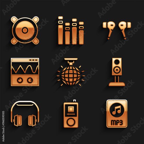 Set Disco ball, Music player, MP3 file document, Stereo speaker, Headphones, Oscilloscope, Air headphones and icon. Vector