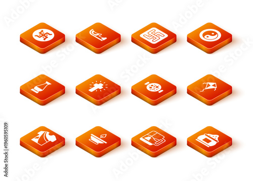 Set Indian man dress, Aroma lamp, vase, Christian cross, Cup of tea with tea bag, Chicken tikka masala, spice and Kite icon. Vector