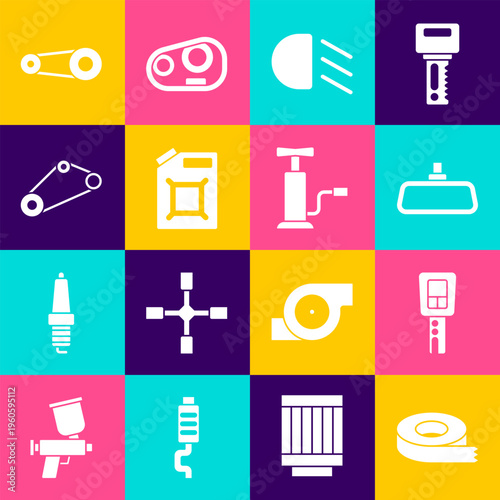 Set Scotch tape, Car key with remote, mirror, High beam, Canister for gasoline, Timing belt kit, and air pump icon. Vector