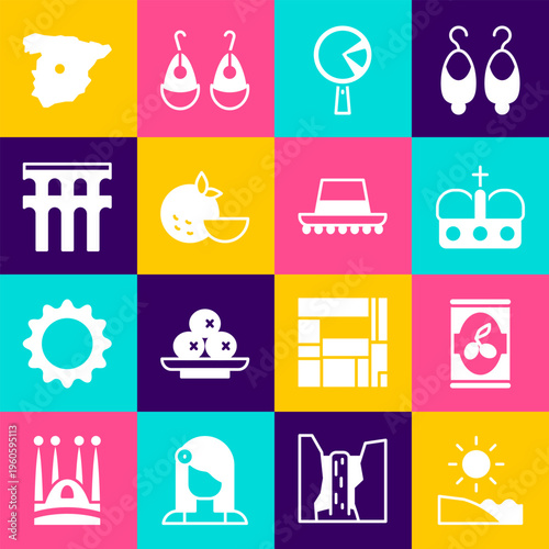 Set Beach, Olives in can, Crown of spain, Omelette frying pan, Orange fruit, Aqueduct Segovia, Map Spain and Spanish hat icon. Vector