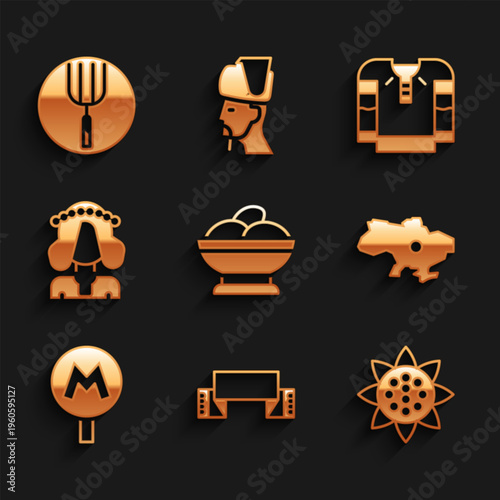 Set Varenyky in a bowl, Embroidered towel, Sunflower, Map of Ukraine, Metro or Underground, Ukrainian woman, shirt and Garden pitchfork icon. Vector