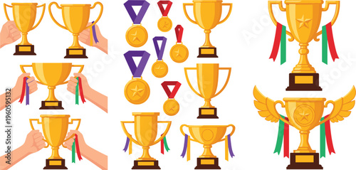 Winner trophies and medals collection with golden cups ribbons awards and championship prizes vector illustration set