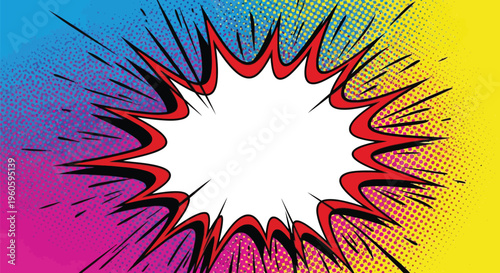 Vibrant comic book style explosion illustration with rainbow background