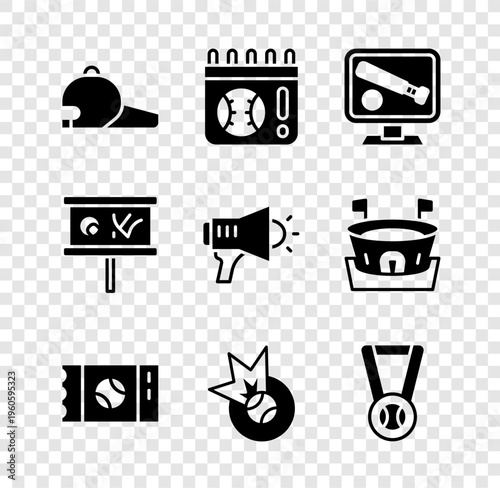 Set Baseball cap, Calendar with baseball game, Monitor, ticket, Medal, Planning strategy and Megaphone icon. Vector