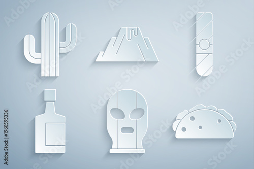 Set Mexican wrestler, Cigar, Tequila bottle, Taco with tortilla, Volcano eruption lava and Cactus icon. Vector