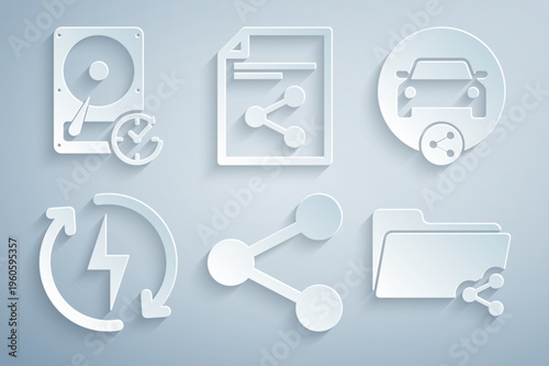 Set Share, Car sharing, Recharging, folder, file and Hard disk drive with clockwise icon. Vector