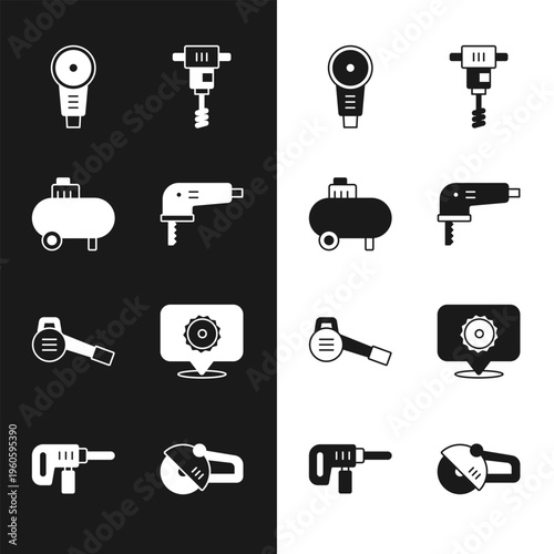 Set Electric jigsaw, Air compressor, Angle grinder, Electrical hand concrete mixer, Leaf garden blower, Circular blade, and drill machine icon. Vector