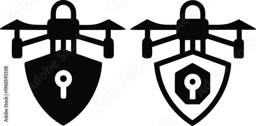 Two drone icons with shield and lock symbols displaying digital security silhouette