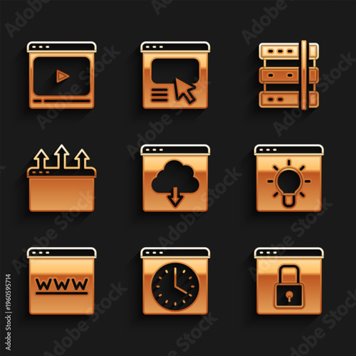 Set Cloud download, Browser window, Secure your site with HTTPS, SSL, Server and Online play video icon. Vector