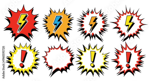 Comic Book Explosion Speech Bubbles with Lightning Bolts and Exclamation Marks
