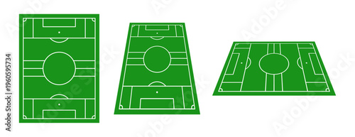 Seven a side soccer field set in top and perspective view. Clean green 7v7 football pitch with detailed lines, perfect for sports graphics, infographics, posters, and web design.