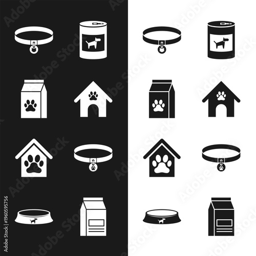 Set Dog house and paw print pet, Bag of food for, Cat collar, Canned dog, and Collar with name tag icon. Vector