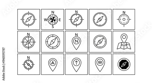 Compass Icons: Navigation, Direction, Travel, and Location Symbols Collection