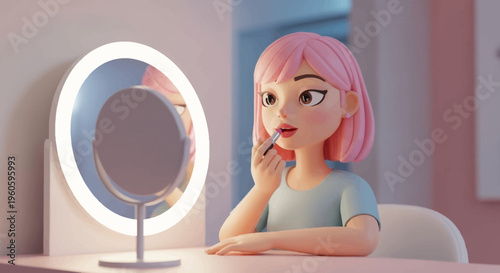 Cute 3D Cartoon Girl Applying Lipstick in Front of a Lighted Mirror
