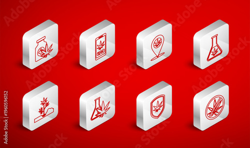 Set line Stop marijuana, Online buying, Location and, Test tube with, Shield, Medical bottle, and Planting icon. Vector