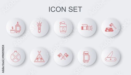 Set line Swiss army knife, Canteen water bottle, Thermos container, Flashlight, Tourist tent and Crossed wooden axe icon. Vector