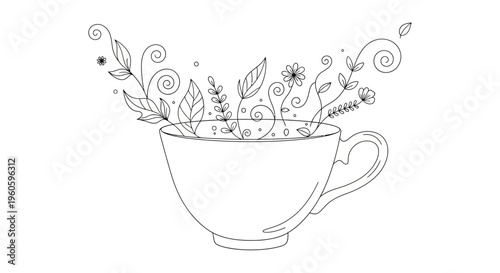 Hand-drawn floral tea cup illustration with swirling steam and leaves