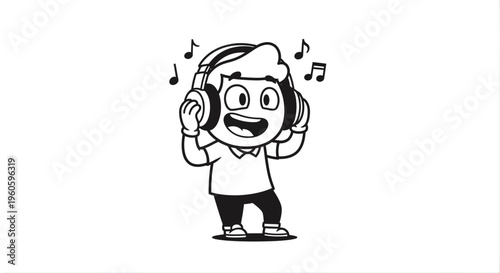 Cartoon illustration of a person with headphones and musical notes conceptual design for music and entertainment
