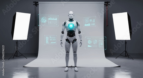 Futuristic Robot with Holographic Displays in a Studio Setting