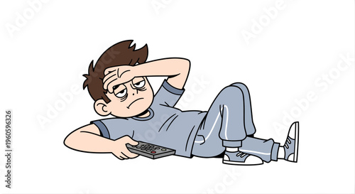Cartoon illustration of person lounging holding remote control isolated on white background