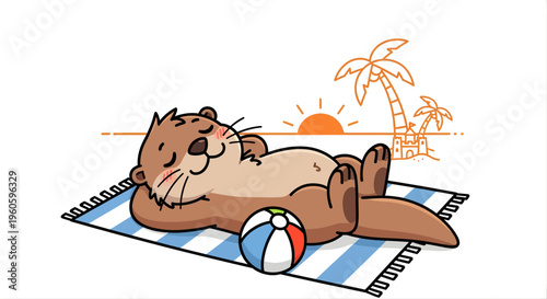Cartoon otter relaxing on beach towel with ball and simplified landscape