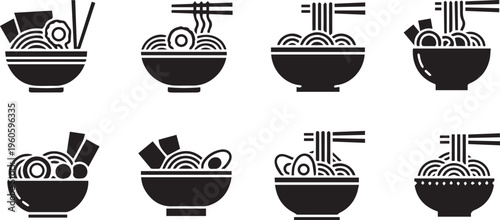 Ramen Bowl and Noodle Icons Set: Japanese Cuisine Silhouette Vectors
