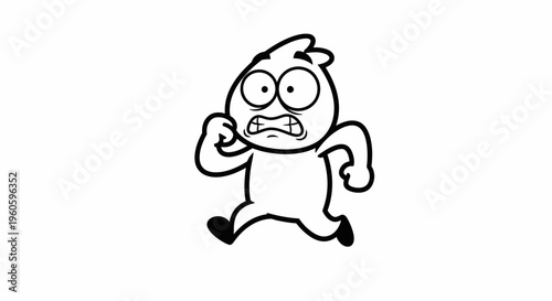Cartoon figure running with exaggerated facial expression on white background