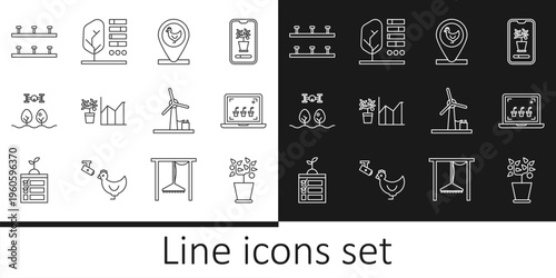 Set line Plant in pot, Smart farming technology, Chicken and location, Flower statistics, with drone, Automatic irrigation sprinklers, Wind turbine and status icon. Vector