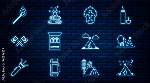 Set line Tourist tent with flag, Canteen water bottle, Open matchbox and matches, Crossed wooden axe, Burning fire, and Campfire icon. Vector