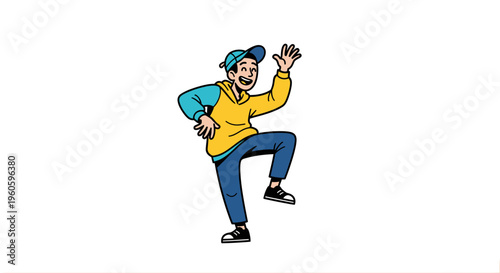 Cartoon illustration of a person in joyful movement with vibrant color palette and simplified style