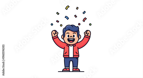 Cartoon illustration of a cheerful person celebrating with confetti isolated on white background
