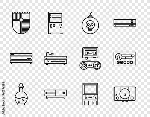 Set line Bottle with magic elixir, Video game console, Bomb ready to explode, Shield for, Retro arcade machine and Create account screen icon. Vector