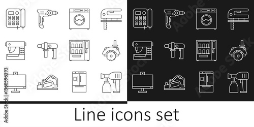 Set line Paint spray gun, Electric circular saw, Washer, drill machine, Sewing, Telephone, Vending and icon. Vector