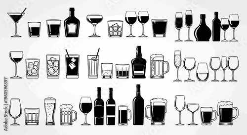 Diverse Alcoholic and Non-Alcoholic Drinkware Collection: Bottles, Glasses, Mugs, Cocktails