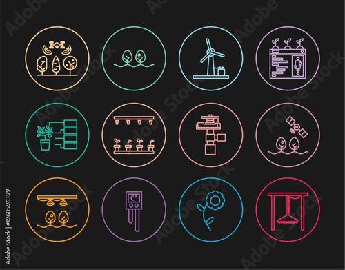 Set line Automatic irrigation sprinklers, Smart farm with drone, Wind turbine, Flower analysis, and Plant icon. Vector