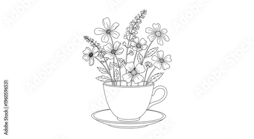 Delicate floral arrangement in a teacup, line art illustration
