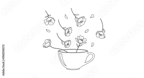 Delicate Flowers Blooming from a Teacup - Artistic Line Drawing