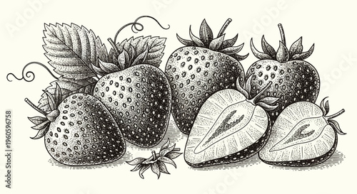 Hand-drawn sketch of fresh strawberries, whole and halved, with leaves and vines