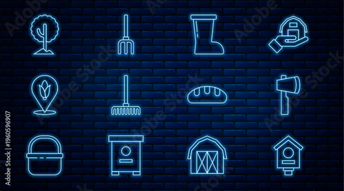 Set line Bird house, Wooden axe, Waterproof rubber boot, Garden rake, Location corn, Tree, Bread loaf and pitchfork icon. Vector