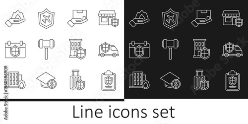 Set line Document with shield, Car, Delivery insurance, Judge gavel, Calendar, Hand holding fire, House and Plane icon. Vector