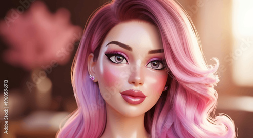 Glamorous Pink Haired Woman, Makeup, Beauty Portrait, Soft Lighting