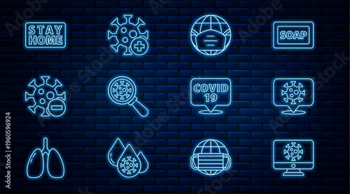 Set line Virus statistics on monitor, Corona virus location, Earth with medical mask, under magnifying glass, Negative, Stay home, and Positive icon. Vector