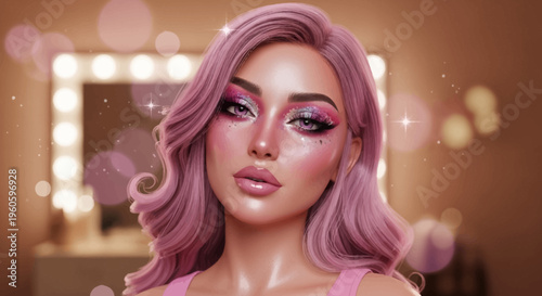 Glamorous Woman with Pink Hair and Sparkly Makeup, Ready for a Night Out