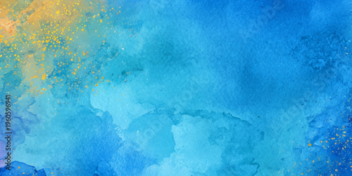 Vibrant blue watercolor background with gold specks for creative design projects and artistic use