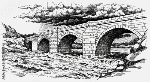 Historic Stone Bridge Arches Over Rushing River Under Dramatic Clouds