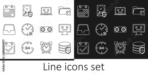 Set line Database protection, Dead monitor, laptop, Clock 24 hours, Social media inbox, Calendar, Stereo speaker and Hard disk drive HDD icon. Vector